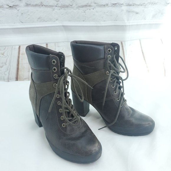 Timberland Womens Brown Leather Olive Suede Accent Block Heel Booties Si… - Picture 1 of 11